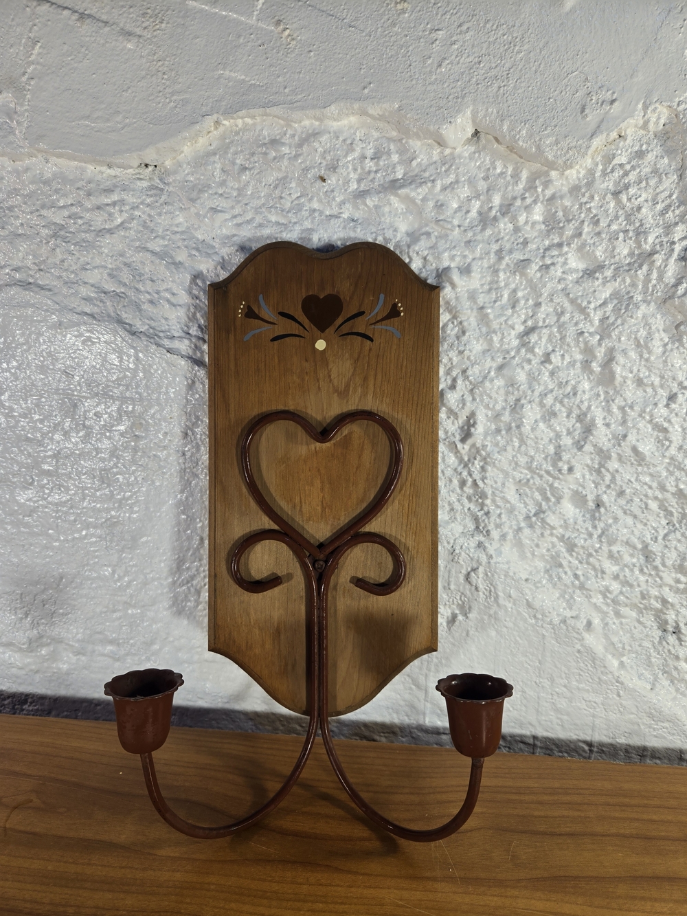 Heart Wall Mounted Candle Holder Sconce Wood/Metal Brown Pink Taper Small
